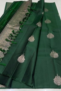 Bottle Green Banarasi Soft Silk Saree with Large Silver Zari Buttas and Brocade Pallu  in Surat