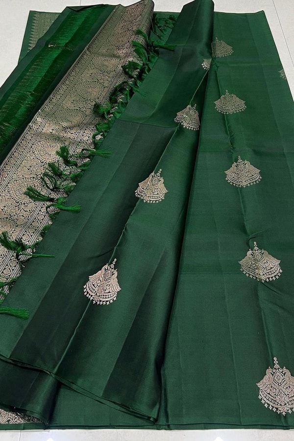 Bottle Green Banarasi Soft Silk Saree with Large Silver Zari Buttas and Brocade Pallu  in Surat