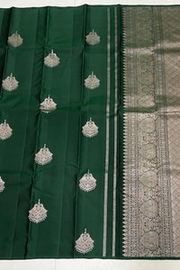 Bottle Green Banarasi Soft Silk Saree with Large Silver Zari Buttas and Brocade Pallu  in Surat