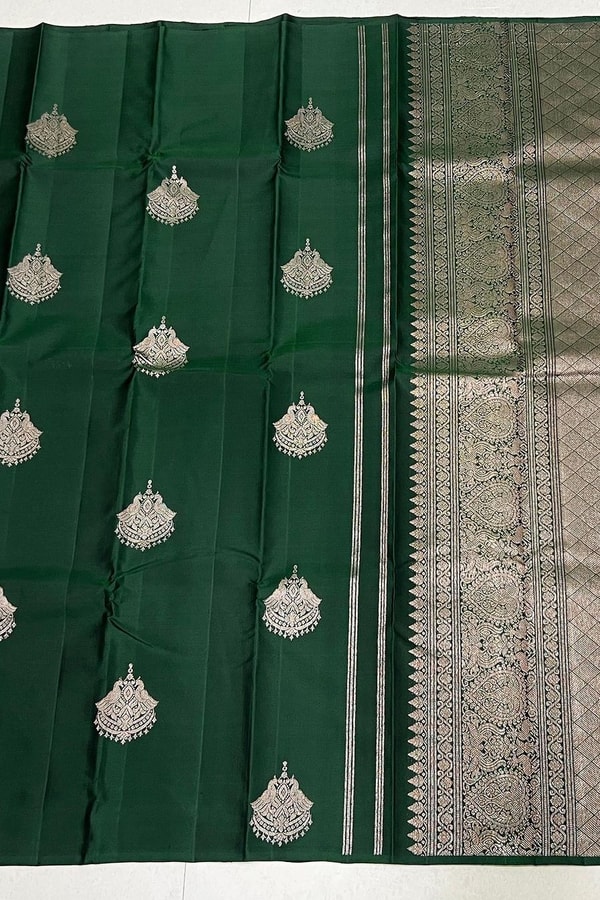 Bottle Green Banarasi Soft Silk Saree with Large Silver Zari Buttas and Brocade Pallu  in Surat