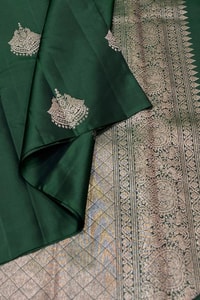 Bottle Green Banarasi Soft Silk Saree with Large Silver Zari Buttas and Brocade Pallu  in Surat