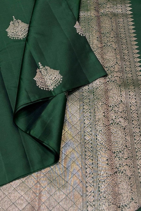 Bottle Green Banarasi Soft Silk Saree with Large Silver Zari Buttas and Brocade Pallu  in Surat