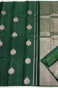 Bottle Green Banarasi Soft Silk Saree with Large Silver Zari Buttas and Brocade Pallu  in Surat