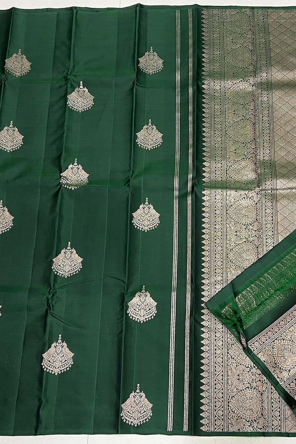 Bottle Green Banarasi Soft Silk Saree with Large Silver Zari Buttas and Brocade Pallu  in Surat