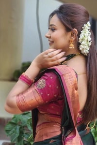 Bottle Green Banarasi Soft Silk Saree with Pink Contrast Border and Copper Zari Butis  in Surat
