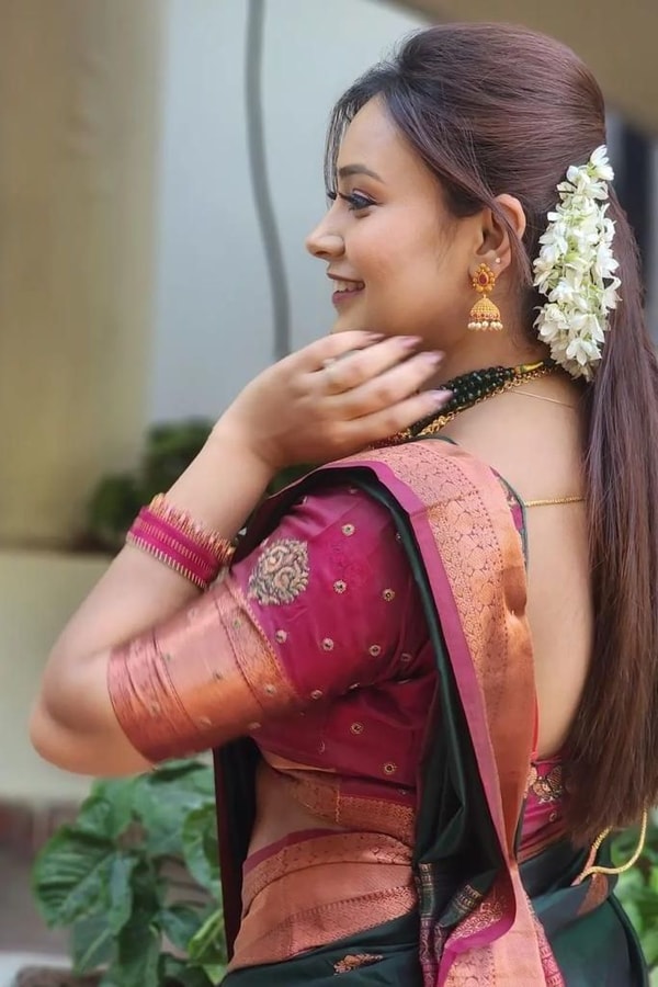 Bottle Green Banarasi Soft Silk Saree with Pink Contrast Border and Copper Zari Butis  in Surat