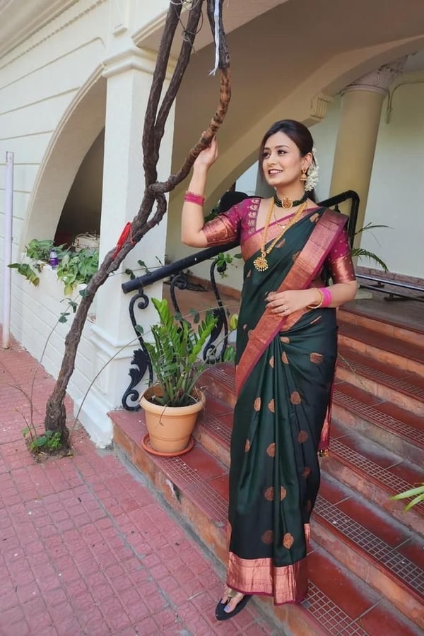Bottle Green Banarasi Soft Silk Saree with Pink Contrast Border and Copper Zari Butis  in Surat