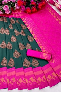 Bottle Green Banarasi Soft Silk Saree with Pink Contrast Border and Copper Zari Butis  in Surat