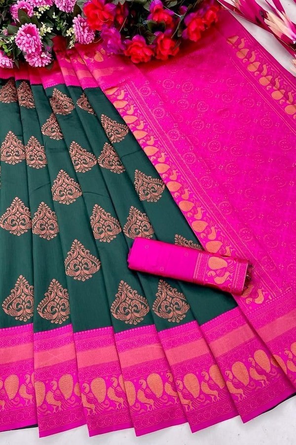 Bottle Green Banarasi Soft Silk Saree with Pink Contrast Border and Copper Zari Butis  in Surat