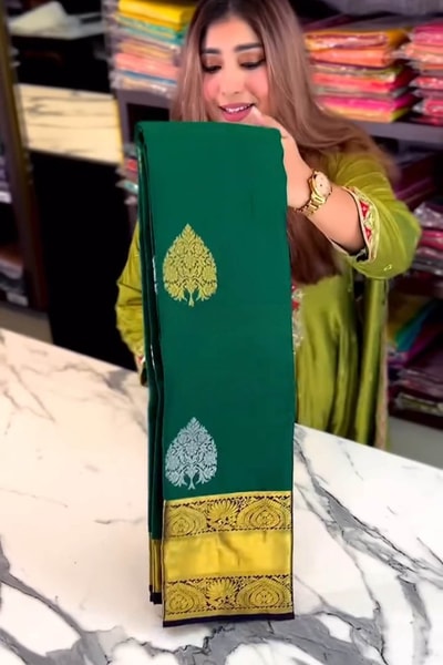 Bottle Green Banarasi Soft Silk Saree with Silver Leaf Buttas and Navy Blue Contrast Pallu in Surat