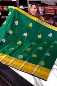 Bottle Green Banarasi Soft Silk Saree with Silver Leaf Buttas and Navy Blue Contrast Pallu  in Surat
