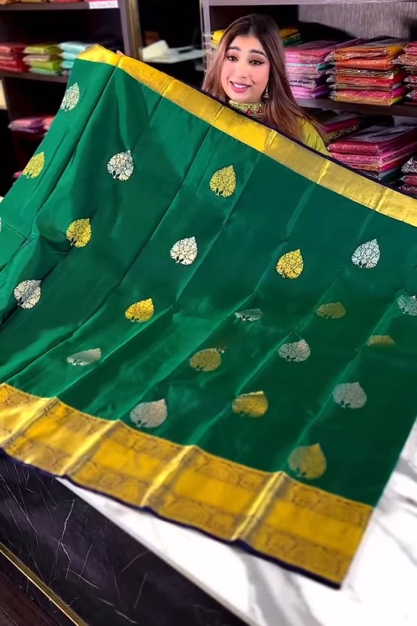 Bottle Green Banarasi Soft Silk Saree with Silver Leaf Buttas and Navy Blue Contrast Pallu  in Surat
