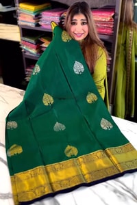 Bottle Green Banarasi Soft Silk Saree with Silver Leaf Buttas and Navy Blue Contrast Pallu  in Surat