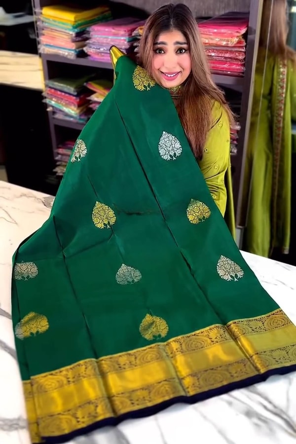 Bottle Green Banarasi Soft Silk Saree with Silver Leaf Buttas and Navy Blue Contrast Pallu  in Surat