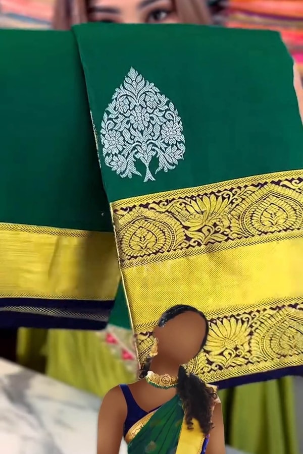 Bottle Green Banarasi Soft Silk Saree with Silver Leaf Buttas and Navy Blue Contrast Pallu  in Surat