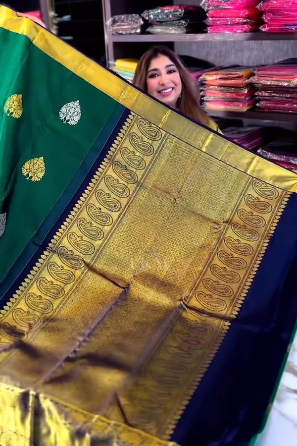 Bottle Green Banarasi Soft Silk Saree with Silver Leaf Buttas and Navy Blue Contrast Pallu  in Surat