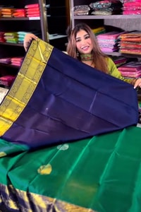 Bottle Green Banarasi Soft Silk Saree with Silver Leaf Buttas and Navy Blue Contrast Pallu  in Surat