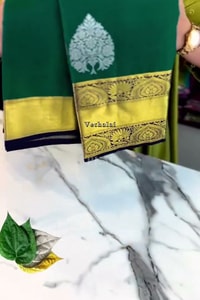 Bottle Green Banarasi Soft Silk Saree with Silver Leaf Buttas and Navy Blue Contrast Pallu  in Surat video 2