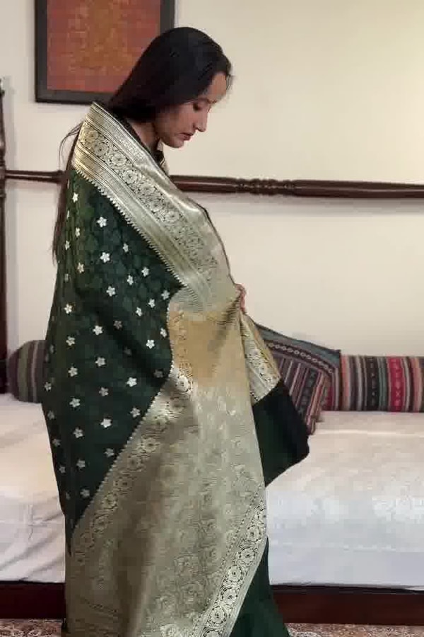 Bottle Green Banarasi Soft Silk Saree with Silver Zari Floral Buttis and Ornate Woven Pallu  in Surat