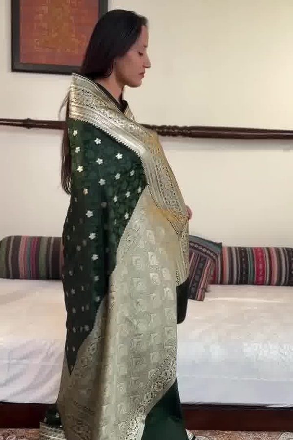 Bottle Green Banarasi Soft Silk Saree with Silver Zari Floral Buttis and Ornate Woven Pallu  in Surat