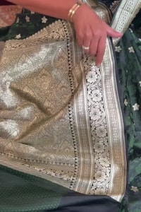 Bottle Green Banarasi Soft Silk Saree with Silver Zari Floral Buttis and Ornate Woven Pallu  in Surat