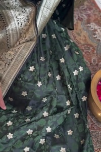 Bottle Green Banarasi Soft Silk Saree with Silver Zari Floral Buttis and Ornate Woven Pallu  in Surat