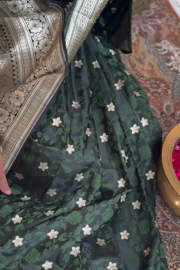 Bottle Green Banarasi Soft Silk Saree with Silver Zari Floral Buttis and Ornate Woven Pallu  in Surat