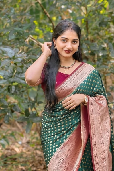 Bottle Green Butti Banarasi Soft Silk Saree with Dusty Rose Brocade Pallu and Zari Border in Surat
