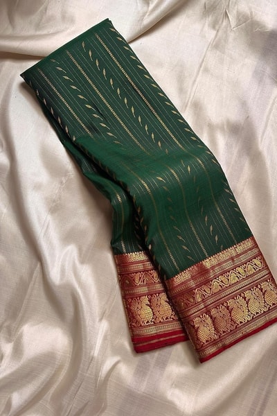 Bottle Green and Maroon Banarasi Soft Silk Saree with Temple Style Zari Border in Surat