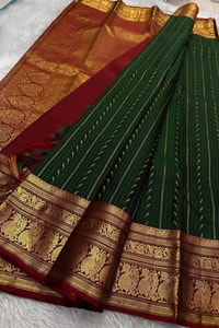 Bottle Green and Maroon Banarasi Soft Silk Saree with Temple Style Zari Border  in Surat