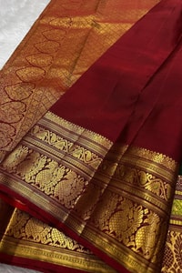 Bottle Green and Maroon Banarasi Soft Silk Saree with Temple Style Zari Border  in Surat