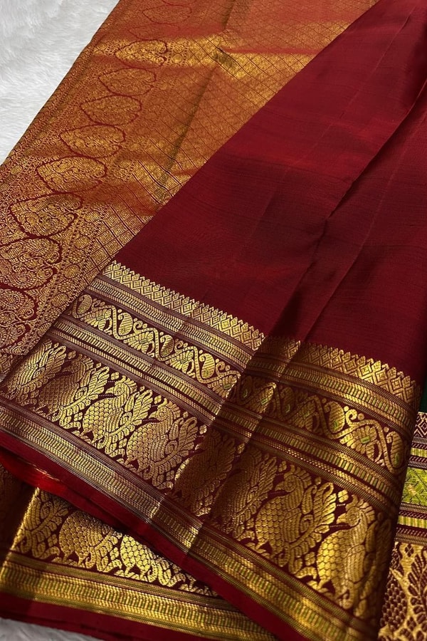 Bottle Green and Maroon Banarasi Soft Silk Saree with Temple Style Zari Border  in Surat
