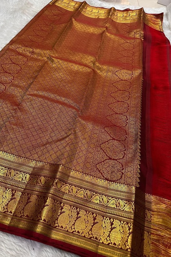 Bottle Green and Maroon Banarasi Soft Silk Saree with Temple Style Zari Border  in Surat