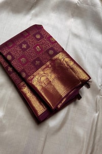 Box Checks Banarasi Soft Silk Saree with Zari Square Motifs in Wine, Baby Pink and Coral Peach  in Surat