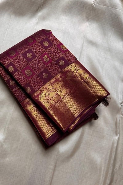 Box Checks Banarasi Soft Silk Saree with Zari Square Motifs in Wine, Baby Pink and Coral Peach in Surat