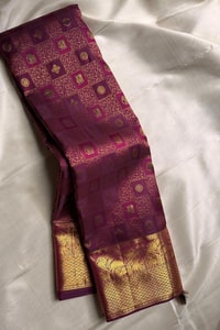Box Checks Banarasi Soft Silk Saree with Zari Square Motifs in Wine, Baby Pink and Coral Peach  in Surat