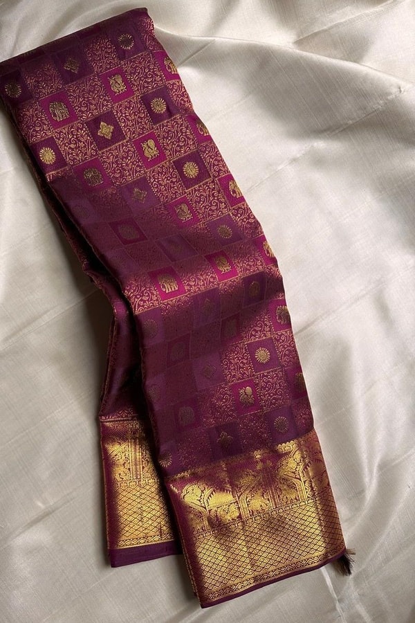 Box Checks Banarasi Soft Silk Saree with Zari Square Motifs in Wine, Baby Pink and Coral Peach  in Surat