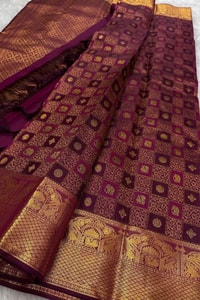 Box Checks Banarasi Soft Silk Saree with Zari Square Motifs in Wine, Baby Pink and Coral Peach  in Surat