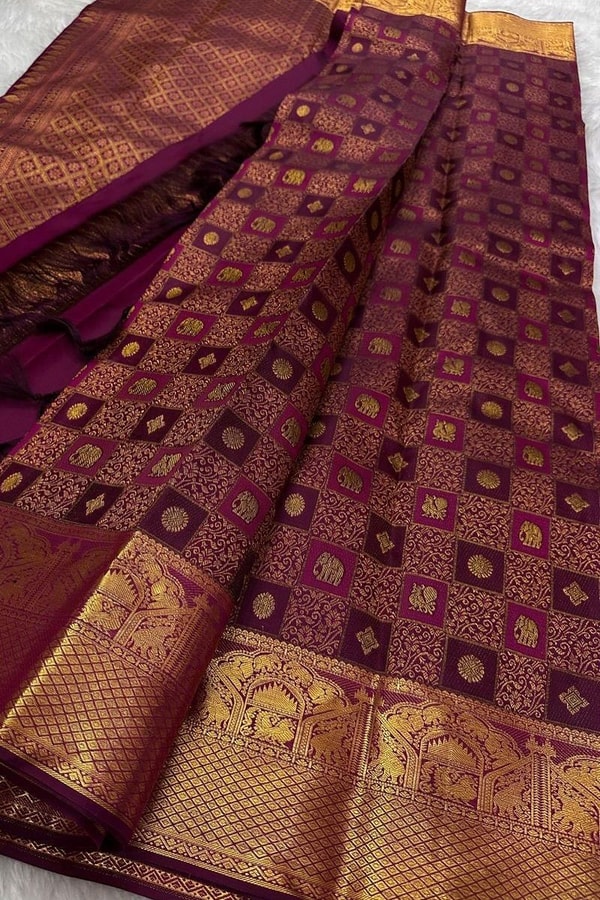 Box Checks Banarasi Soft Silk Saree with Zari Square Motifs in Wine, Baby Pink and Coral Peach  in Surat