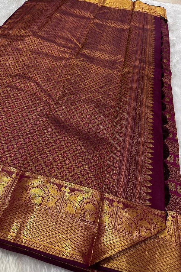 Box Checks Banarasi Soft Silk Saree with Zari Square Motifs in Wine, Baby Pink and Coral Peach  in Surat