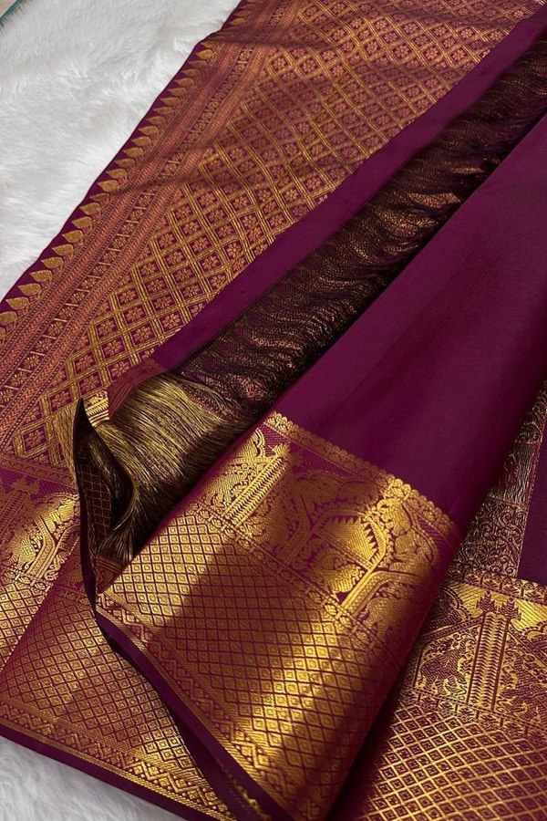 Box Checks Banarasi Soft Silk Saree with Zari Square Motifs in Wine, Baby Pink and Coral Peach  in Surat
