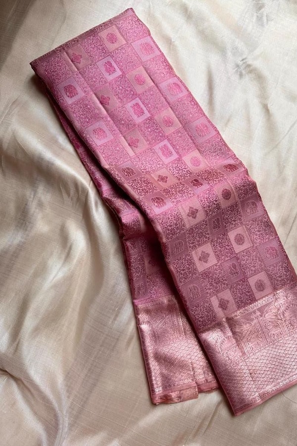 Box Checks Banarasi Soft Silk Saree with Zari Square Motifs in Wine, Baby Pink and Coral Peach  in Surat