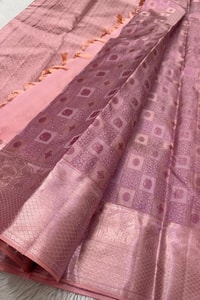 Box Checks Banarasi Soft Silk Saree with Zari Square Motifs in Wine, Baby Pink and Coral Peach  in Surat