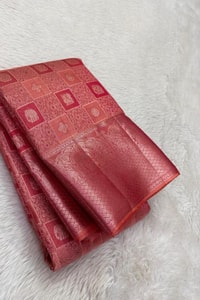 Box Checks Banarasi Soft Silk Saree with Zari Square Motifs in Wine, Baby Pink and Coral Peach  in Surat