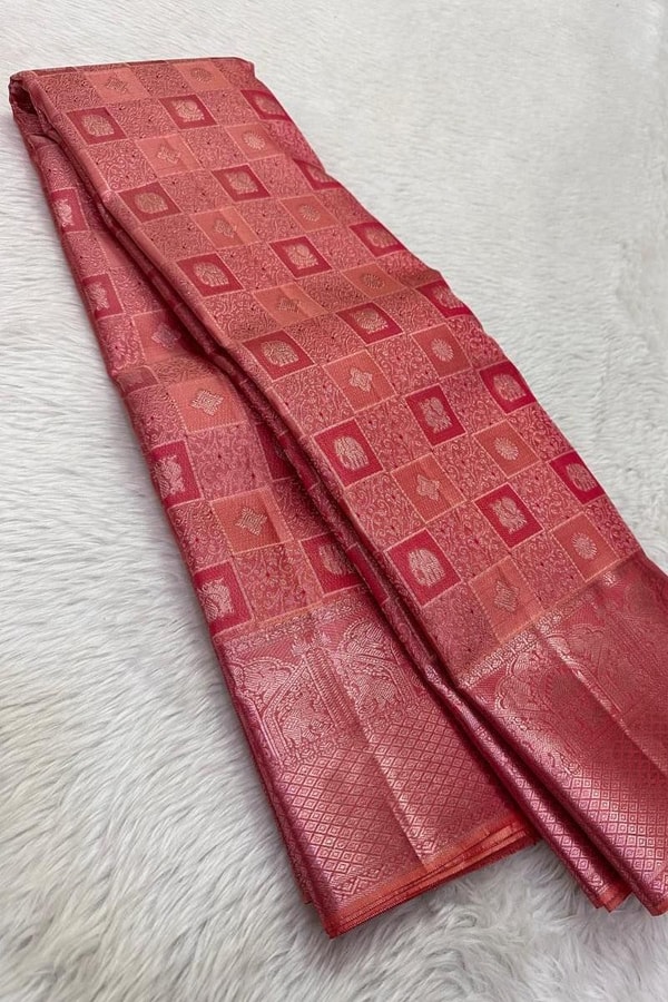Box Checks Banarasi Soft Silk Saree with Zari Square Motifs in Wine, Baby Pink and Coral Peach  in Surat