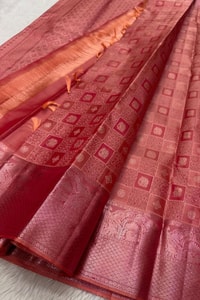 Box Checks Banarasi Soft Silk Saree with Zari Square Motifs in Wine, Baby Pink and Coral Peach  in Surat