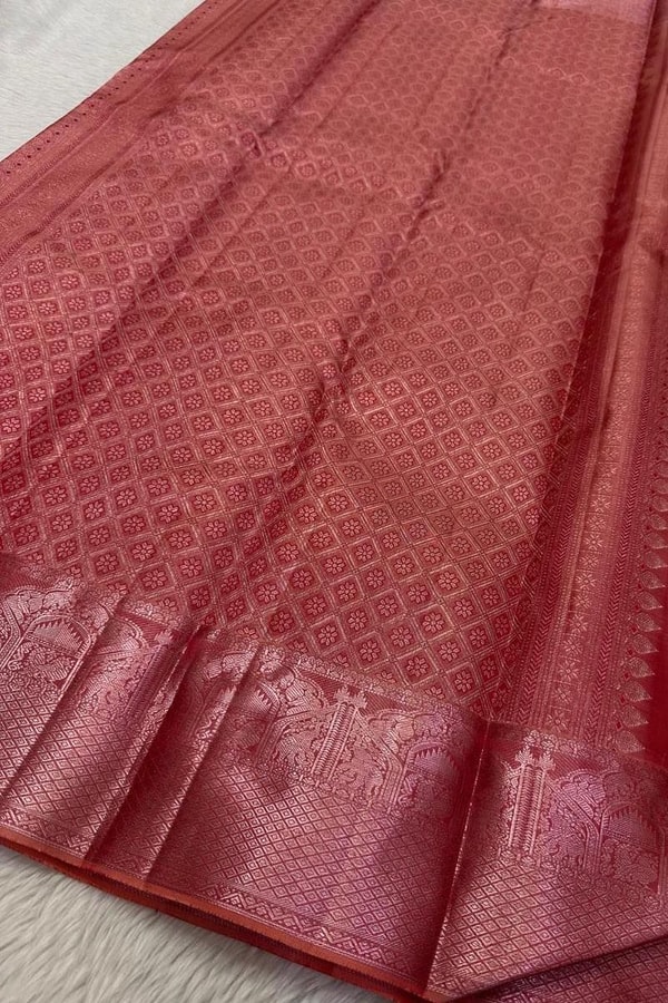 Box Checks Banarasi Soft Silk Saree with Zari Square Motifs in Wine, Baby Pink and Coral Peach  in Surat