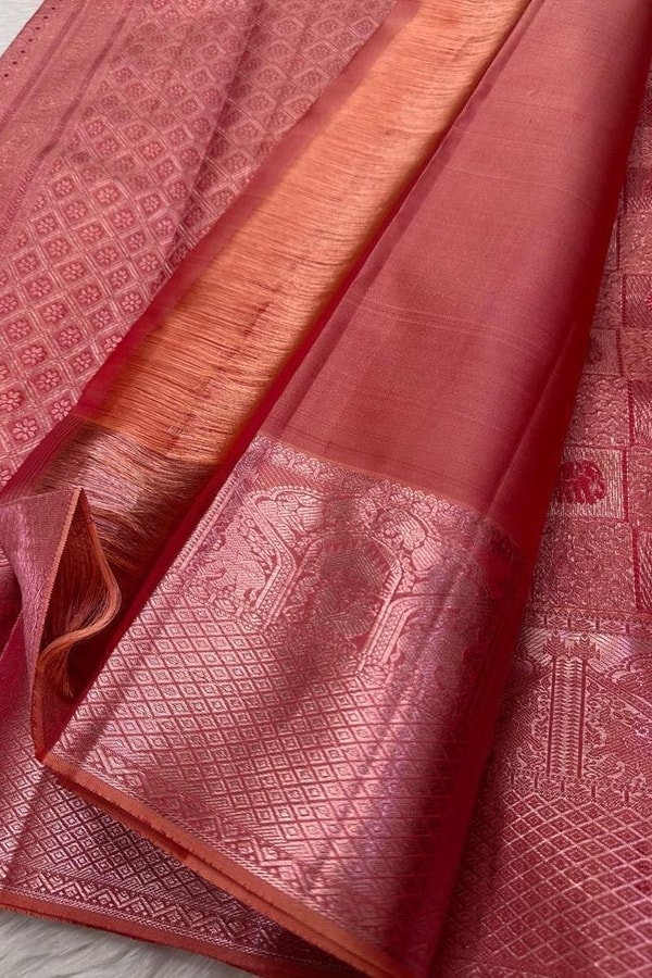 Box Checks Banarasi Soft Silk Saree with Zari Square Motifs in Wine, Baby Pink and Coral Peach  in Surat