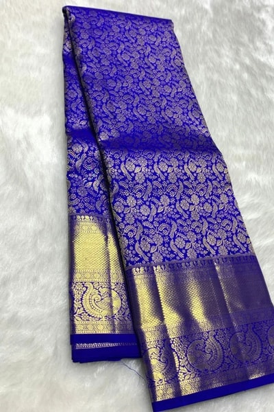 Bridal Brocade Banarasi Soft Silk Saree in Royal Blue and Red with Heavy Gold Zari Border in Surat
