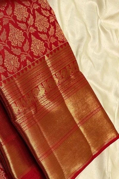 Bridal Red Banarasi Soft Silk Saree with All-Over Gold Zari Jaal and Heavy Woven Border in Surat